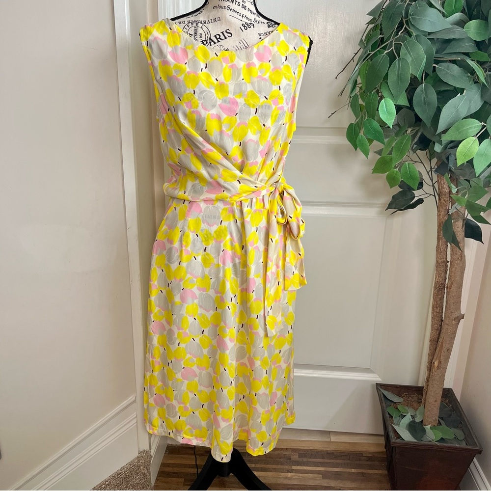 Tricot Chic Silk Blend Tie-Waist Floral Midi Dress Yellow Sz 10
